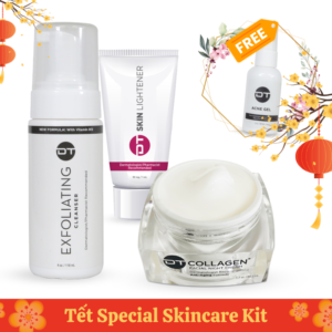 DT Collagen New Year Sale kit Anti-Aging Night Cream reduces wrinkles, DT Skin Lightner reduce melasma, pigmentation, DT Exfoliating Cleanser and FREE DT Acne Gel
